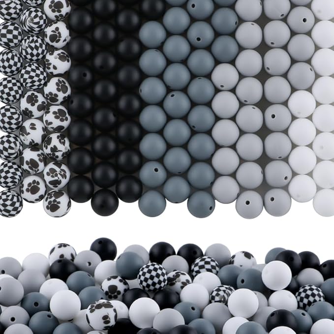 150Pcs Mixed Color 15mm Silicone Beads for Keychain Making, White Black Print Silicone Beads for Pens and Bracelet Jewelry Making