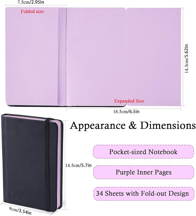 3.54" x 5.7" Taro Purple Paper Sketchbook,34 Sheets Small Mixed Media Notebook,120 GSM Acid-Free Folding Colored Drawing Paper, Hardcover Journal Art Supplies Sketch Pad for Coloring Sketching