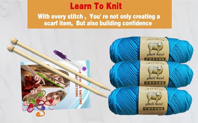 kaaper knitting kit for beginners adults - all-in-one hat, scarf & glove set with blue wool yarn, bamboo needles，learn to knit a complete winter accessory collection (acid blue)
