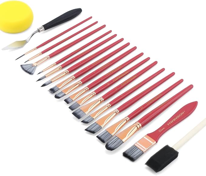Transon Art Paint Brush Kit 16 Paint Brushes with Foam Brush Sponge Spatula and Brush Case for Oil, Acrylic, Watercolor, Gouache, Painting Pink Color