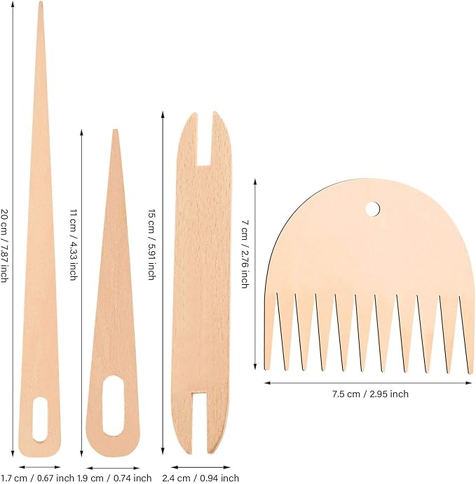 WILLBOND 7 Pieces Wood Hand Loom Stick Set Include 5 Pieces Wood Weaving Crochet Needle with Shuttles Weaving Stick and Weaving Comb for Knitted Crafts DIY