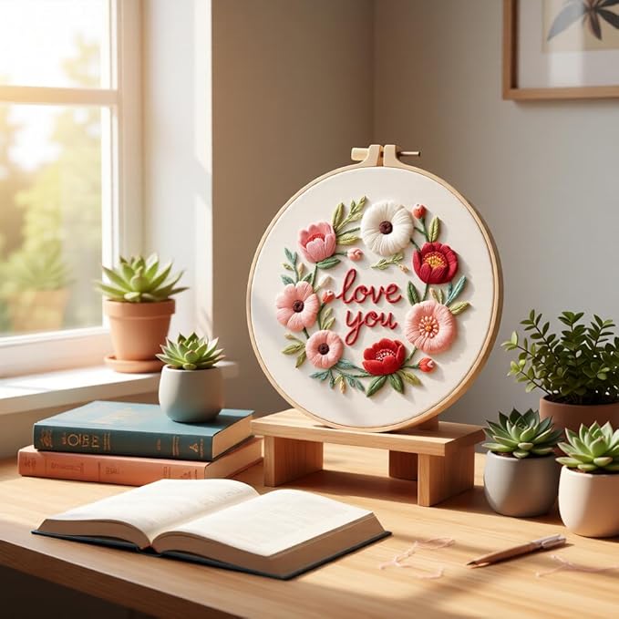 JJFox Embroidery Kit for Beginners and Adults, DIY Hand Embroidery Starter Kit with Cute Pattern, Cross Stitch Needlepoint Set with Hoop, Threads and Instructions (Love You)
