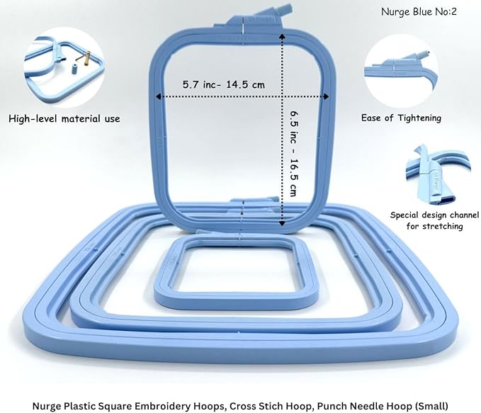 nurge square embroidery hoop - plastic cross stitch frame for needlepoint & embroidery - adjustable craft hoop - blue - no:2 (small)