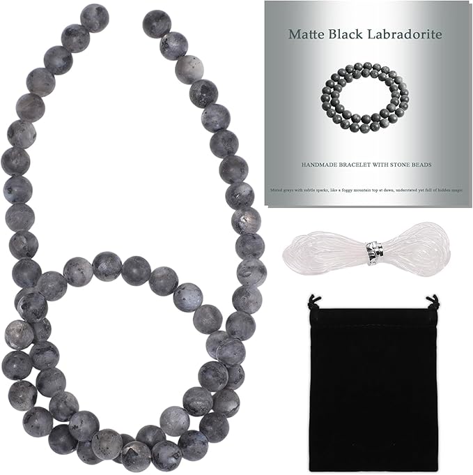 Stone Beads, 60pcs Matte Black Labradorite, 6mm Round Loose Beads for Jewelry Making, Bracelets, with Bag, String & Card
