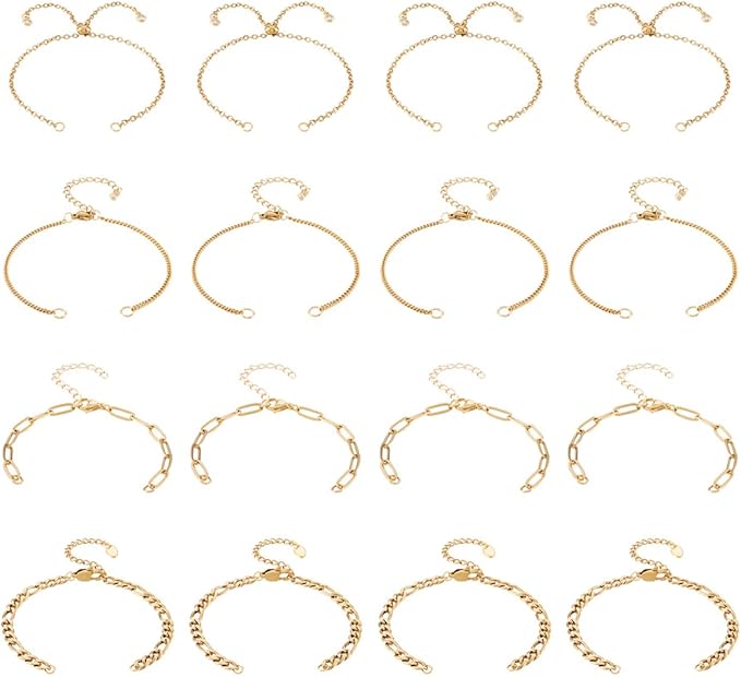 FASHEWELRY 16Pcs Stainless Steel Adjustable Slider Bracelet Adjustable Chains Extender with Cubic Zirconia Ends Golden Chain Link Bracelets with Lobster Clasp for Jewelry Making