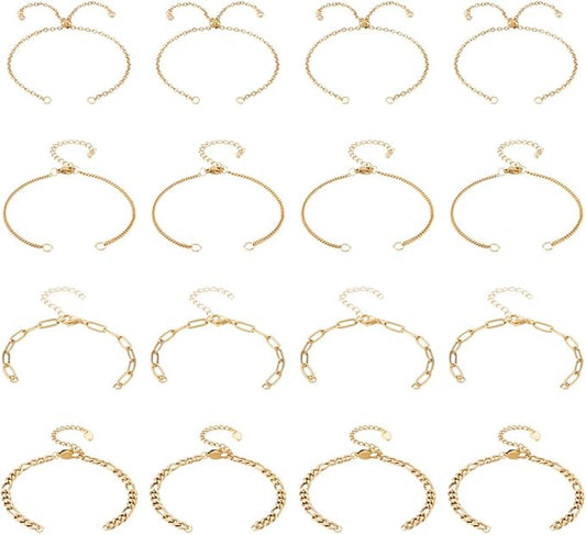 FASHEWELRY 16Pcs Stainless Steel Adjustable Slider Bracelet Adjustable Chains Extender with Cubic Zirconia Ends Golden Chain Link Bracelets with Lobster Clasp for Jewelry Making