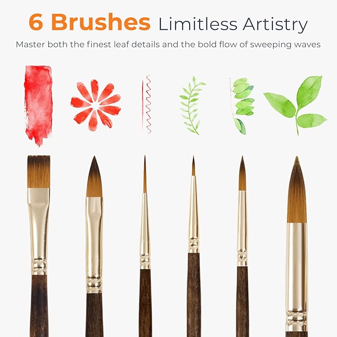 Nicpro Travel Watercolor Brushes Set, 6Pcs Kolinsky Sable Performance Paint Brush for Professional Artist & Beginners with Round, Rigger, Cats Tongue, Oval Wash for Water Color, Ink Gouache Painting