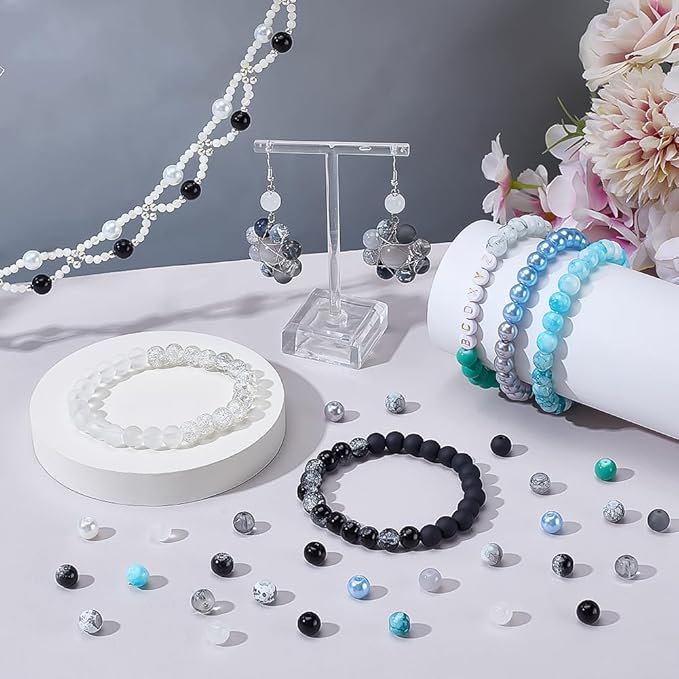 1080pcs 8mm Glass Beads 24 Color Black Bracelet Beads Round Crystal Glass Bead Marble Rosary Loose Bead for Bracelet Necklace Jewelry Making Supplies Women Men Eid Mubarak Ramadan Decoration