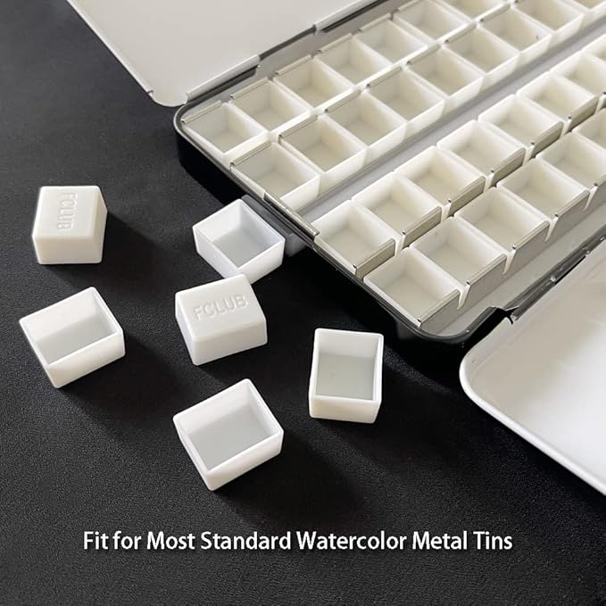48Pcs White Plastic Empty Watercolor Half Pans – 2ML Capacity, Refillable Paint Pans for DIY Solid Watercolors Gouache – Fits Metal Watercolor Tins & Travel Palette Box