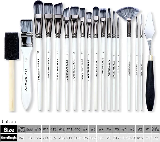 Transon Art Paint Brush Kit 16 Paint Brushes with Foam Brush Sponge Spatula and Art Case for Oil, Acrylic, Watercolor, Gouache, Painting