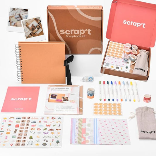 scrapbook kit - 80 page photo album diy scrapbook - holds 300+ photos, with metallic pens, 150+ stickers, glue pen, washi tapes, backing paper, photo corner stickers (starter kit - 8 x 8 inch, kraft)