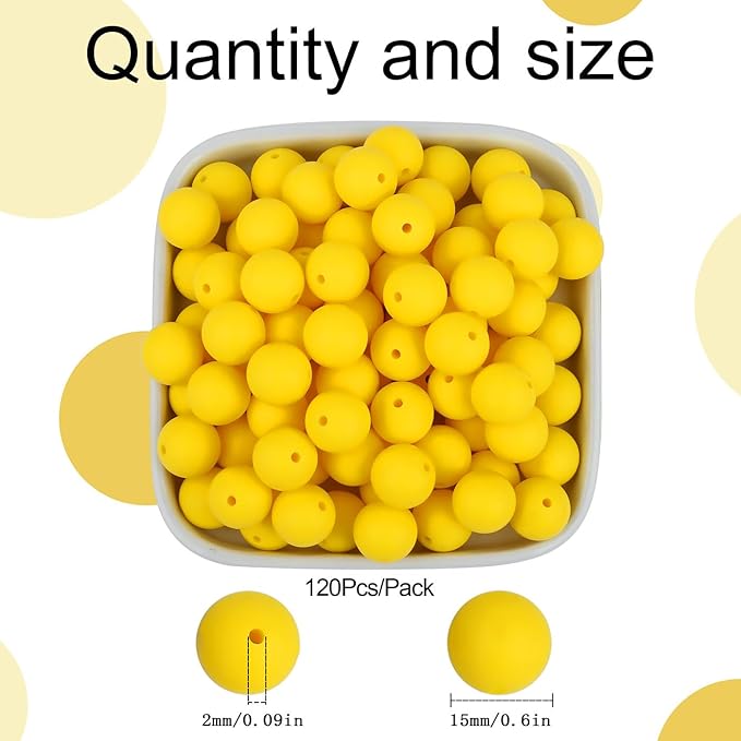 MAIBAOTA 120 Pcs Yellow Silicone Beads 15 mm Yellow Beads for Keychain/Pens/Bracelet/Necklace Making Focal Beads Loose Rubber Round Silicone Beads Bulk for Craft Making（with Boxed Kits）
