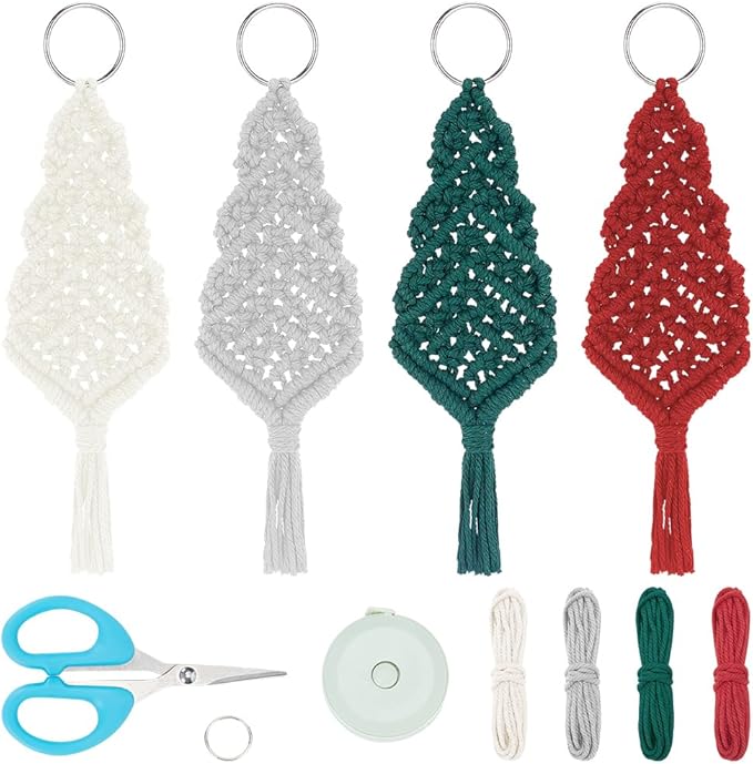 FREEBLOSS 4 Set Macrame Christmas Tree Kit With 4 Colors Cotton Cords, DIY Kit With Instruction, Ornaments for Christmas Tree Decor for Adults (DK-FB0005-24-US35)