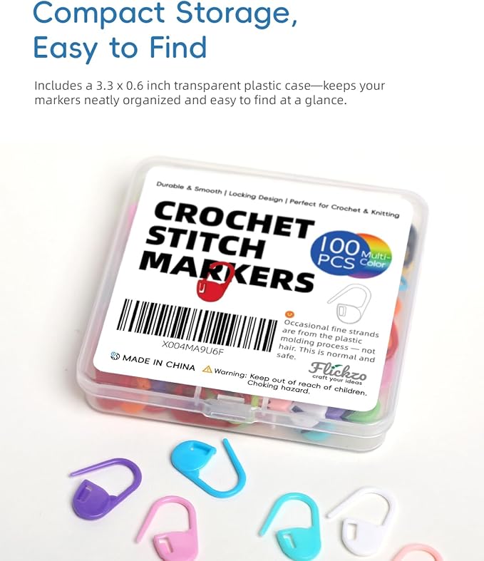 100PCS Crochet Stitch Markers by Flickzo – Locking Stitch Markers with Storage Case, Plastic Safety Pins for Knitting & Crochet, Colorful Yarn Accessories for Crochet Tools & Supplies