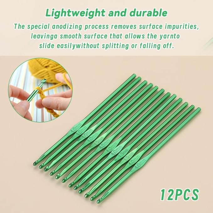 UzecPk 12Pcs 4mm Aluminum Crochet Hooks, Ergonomic Handle Crochet Needle, Crochet Hooks Bulk Set for Beginners Adults