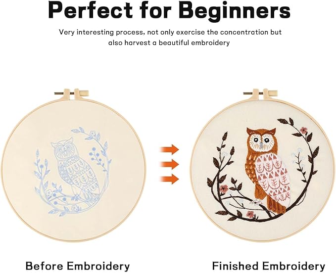 JOINRUN Beginner Embroidery Kit for Adults, Owl Cross Stitch Kits with 7.9" Hoop, Threads, Needles, Learn Stitches with Pre-Printed Patterns, Video Tutorial, DIY Needlework Craft Gift for Women