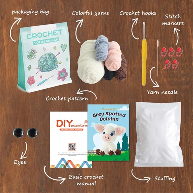 Linhao Jew Crochet Kit for Beginners – Knitting Kits Cute Animal Kitten Keychain with Pre-Started Easy Yarn, Step-by-Step Video Tutorials for Adults & Kids DIY Crafts (Pig)