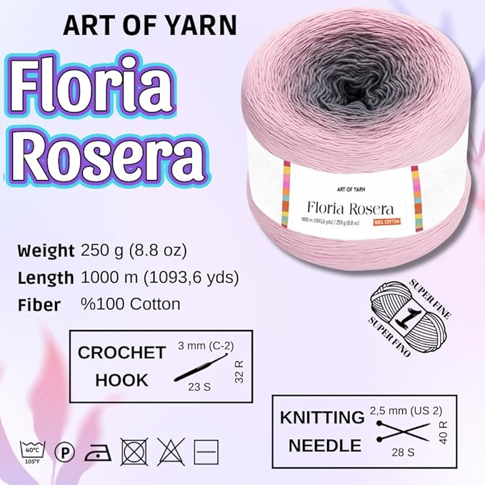 Floria Rosera Ombre 100% Cotton 250g (8.80oz) 1094 Yards Fine 1 Vibrant Multicolor Rainbow for Crochet Knitting Amigurumi Crafts Ideal for Spring Summer Projects Thick Soft