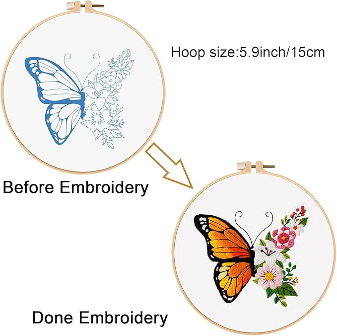 Louise Maelys Embroidery Kit Canvas Makeup Bag for Beginners,Cross Stitch Kits for Adults,DIY Needlepoint-Butterfly and Floral Pattern