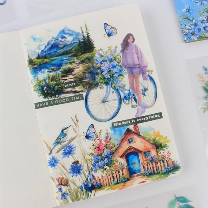 30 Sheets Precut Blue Flower Garden Landscape Stickers Book for Junk Journal Supplies, Transparent PET Stickers for Journaling, Scrapbooking, Bujo, Collage, Card Making