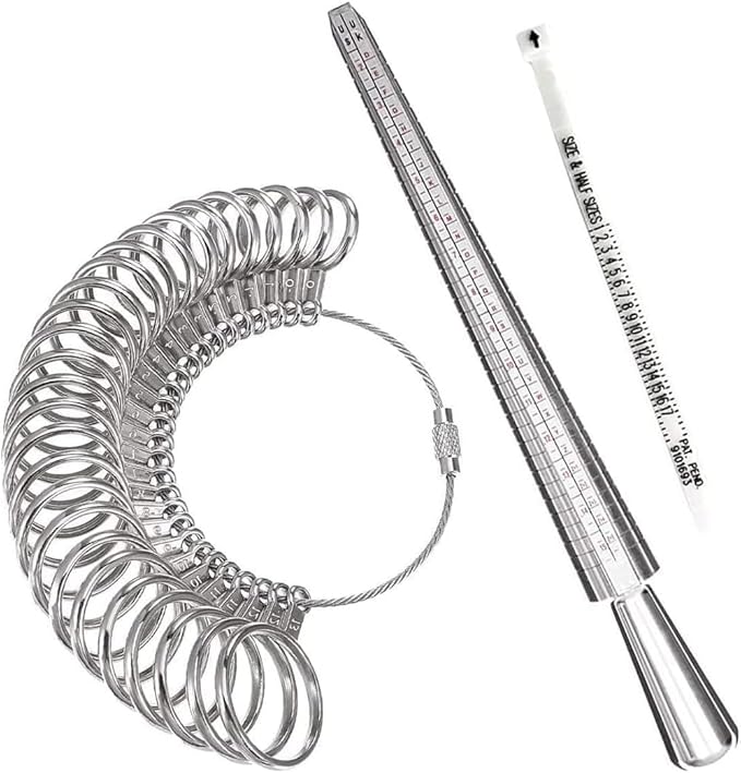 meowoo ring sizer measuring tool with lens,ring gauges with finger sizer mandrel ring sizer tools for jewelry sizing measuring, 3 pcs, silvery with magnifying glass
