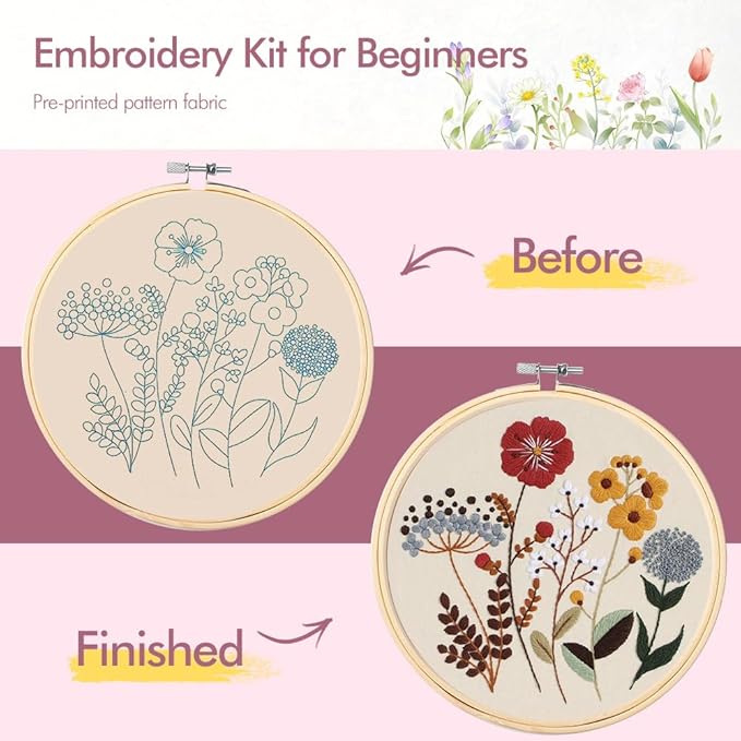 wtisan embroidery kit, 4 sets embroidery kit for beginners with stamped flower pattern, cross stitch starter kits for adults hand craft lover with embroidery hoop, instructions and threads