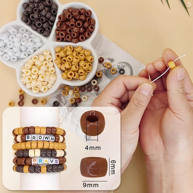 MIIIM 1000PCS 6x9mm Pony Beads Bulk, 5 Styles Brown Pony Beads for Bracelets Making Kit, Kandi, Hair Braids Crafts for Jewelry Making (Brown)