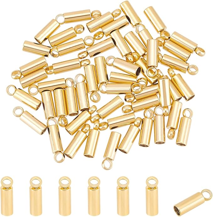 UNICRAFTALE 50Pcs Tube Cord Ends 304 Stainless Steel Cord Ends 2mm Inner Diameter Smooth End Tips Terminators Cord Finding for Cord Bracelets Jewelry Making, Golden
