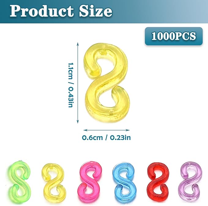S Clips Rubber Band Clips 1000 Pieces Loom Rubber Band Clips Plastic Band Clips Connectors Refills Bracelet Kit Clip for Loom Bracelets DIY Making Refill Kit