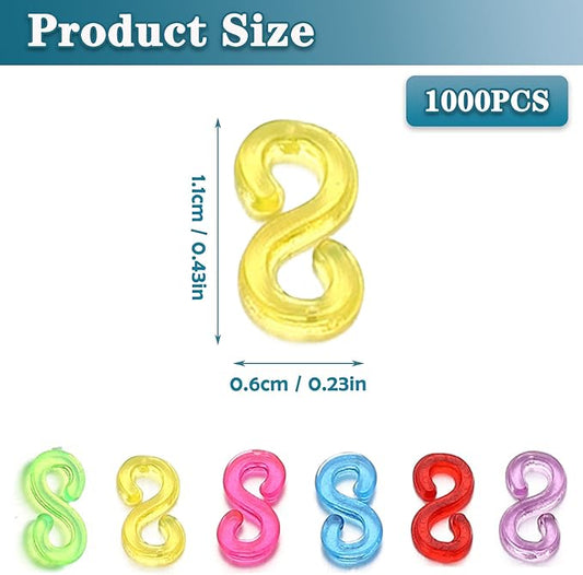 S Clips Rubber Band Clips 1000 Pieces Loom Rubber Band Clips Plastic Band Clips Connectors Refills Bracelet Kit Clip for Loom Bracelets DIY Making Refill Kit