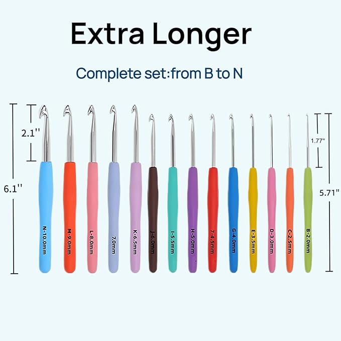 VOLYAR 14 Size Crochet Hook Set with case, 63 Pack Ergonomic Crochet Set 2mm(B)-10mm(N),Crochet Kit for Beginners, Long Crochet Needles