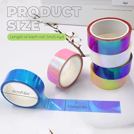 6 Rolls Holographic Tape 5m/196.8in Assorted Colored Tape Set Decorative Tape Prismatic Glitter Tape Hoops for DIY Arts Crafts Decoration Scrapbooking Gifts Wrapping (Multi)