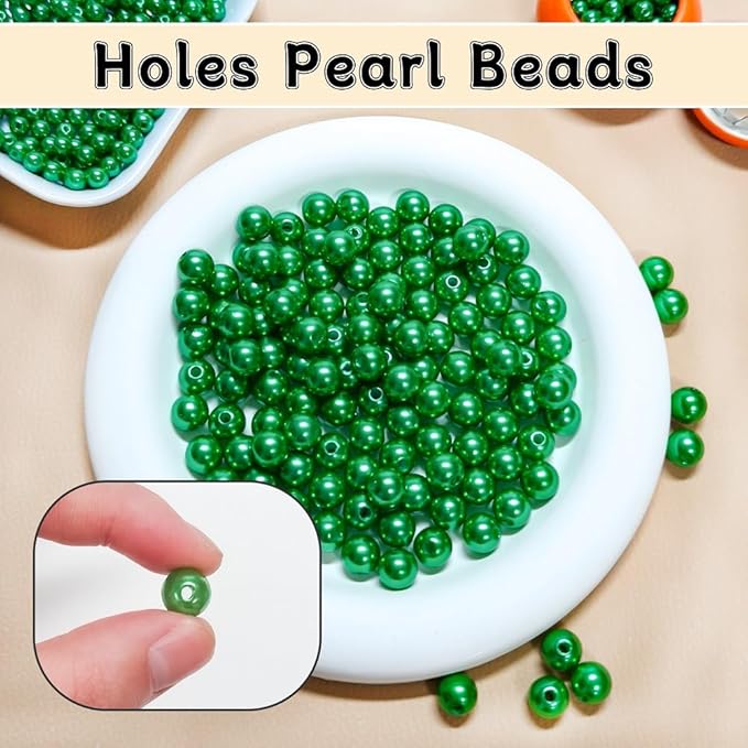 Pearl Beads for Jewelry Making Holes ABS Craft Beads with Holes for Jewelry Making, Bracelet, Necklace Crafting Bulk Bead Kit (10mm, Green/450 pcs)