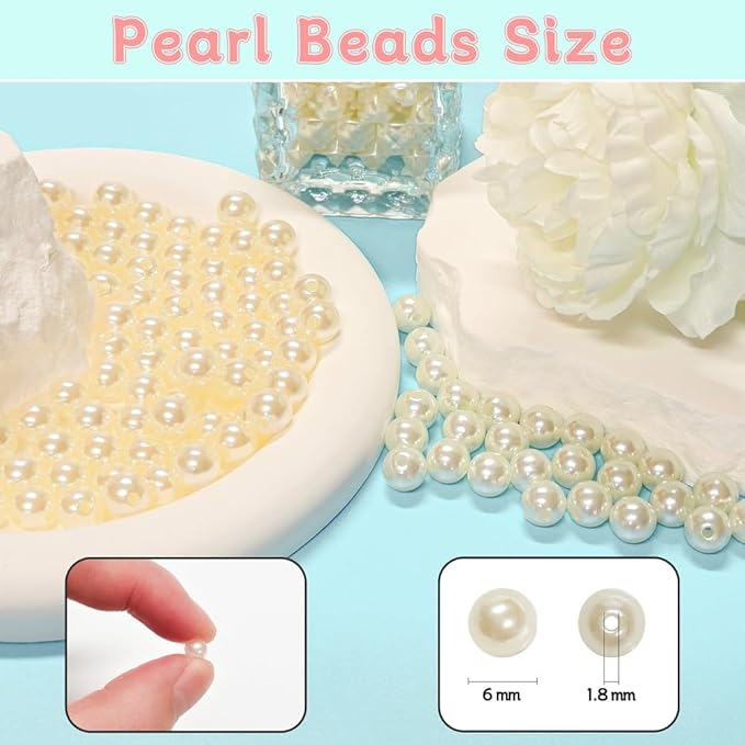 Pearl Beads for Jewelry Making Holes ABS Craft Beads with Holes for Jewelry Making, Bracelet, Necklace Crafting Bulk Bead Kit (6mm,Ivory White/1500 pcs)