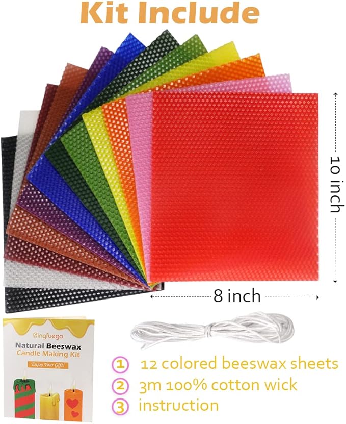 Bingfuego Beeswax Candle Making Kit for Kids - 12 Sheets for Rolling, Natural Candle Making Kit (Classic Color, 10 x 8 inch)