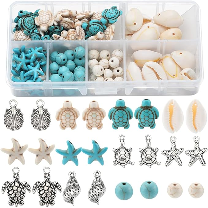 SUNNYCLUE 1 Box 12 Styles Turtle Beads Boho Style Starfish Beads Bulk Blue White Synthetic Turquoise Sea Turtles Charms Hawaii Shell Round Loose Spacers for Jewelry Making Beading Kits