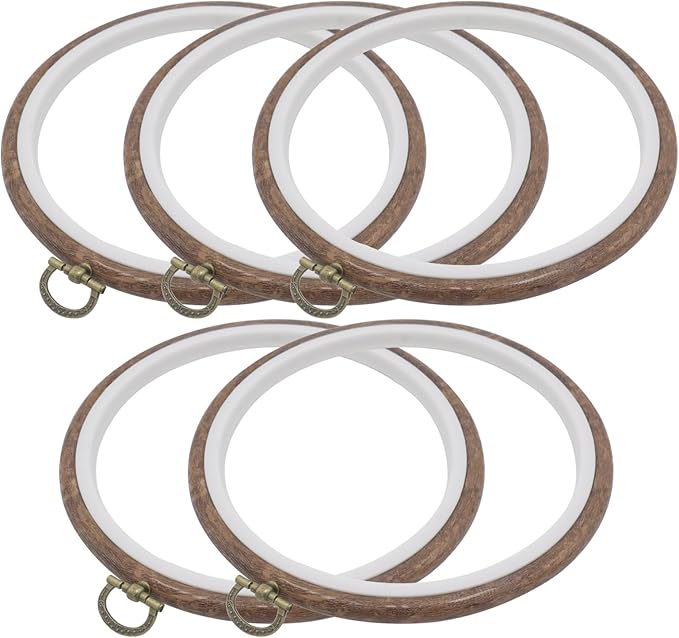 joyangy 5 pcs 6 inch embroidery hoops, round imitated wood cross stitch hoop rings for art craft sewing, circle display frame kits for embroidery handy diy ornaments decoration