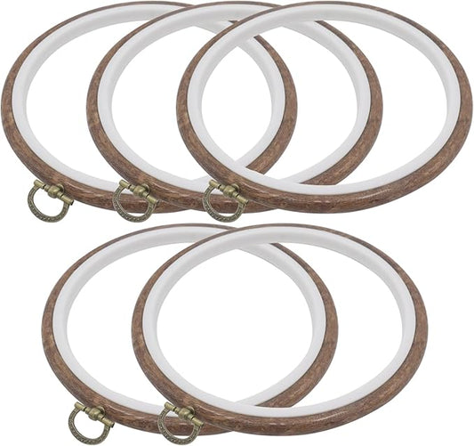 joyangy 5 pcs 6 inch embroidery hoops, round imitated wood cross stitch hoop rings for art craft sewing, circle display frame kits for embroidery handy diy ornaments decoration