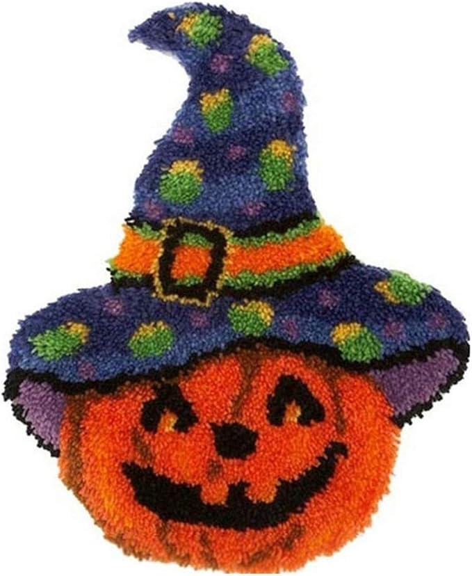 LAPATAIN Latch Hook Kits DIY Crochet Yarn Kits,Halloween Pumpkin Hat Carpet Embroidery Hook Rug Kit Needlework Sets Cushion for Adults Home Decor 20x15inch