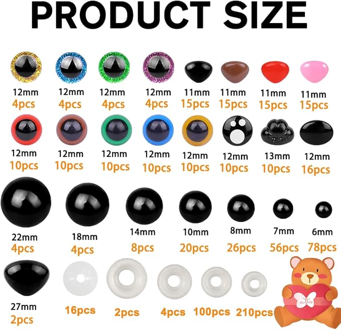 YUJUN 700PCS Safety Eyes for Crochet,6-22mmColorful Glitter Noses with Washers Stuffed Animals Amigurumi Craft Doll Making Teddy Bear Toy