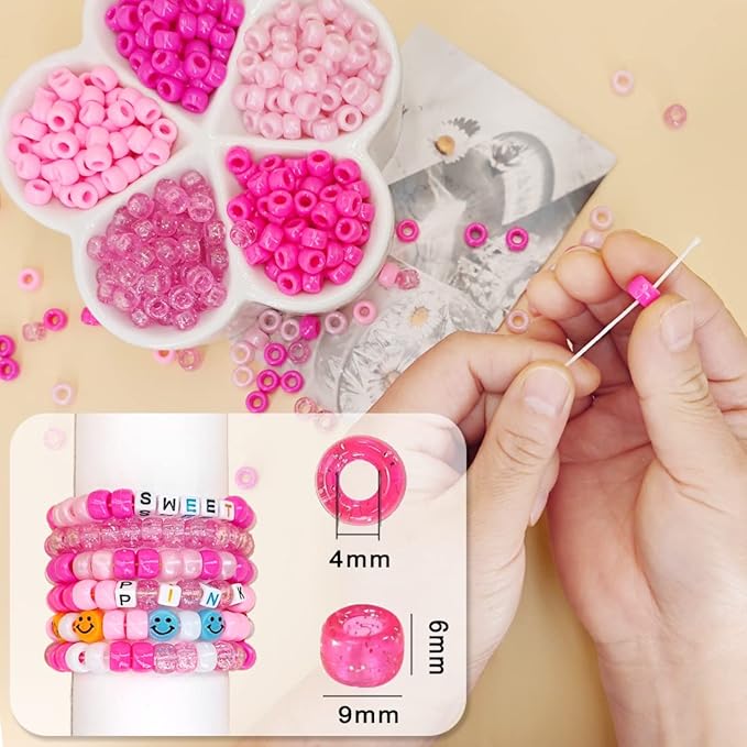 MIIIM 1000PCS 6x9mm Pony Beads Bulk, 5 Styles Pink Pony Beads for Bracelets Making Kit, Kandi, Hair Braids Crafts for Jewelry Making (Pink)