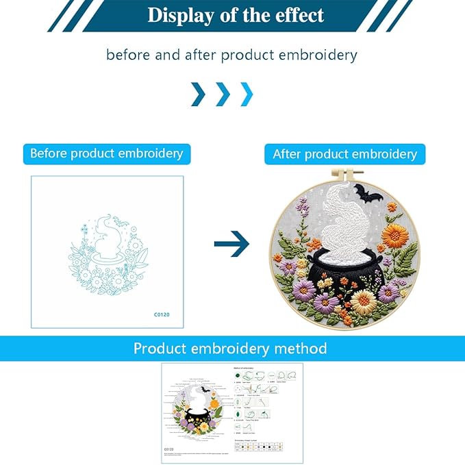 Zhenqing Halloween Magic Cauldron Embroidery Kit for Beginners - Complete Set with Pre-Printed 29x29cm Cotton Fabric, Hoop, Threads & Tools (C0120)