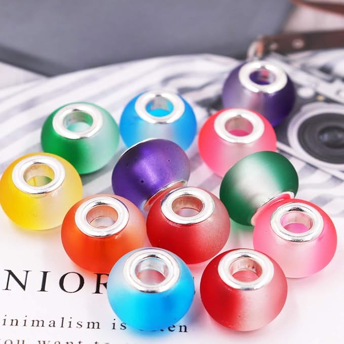 AIPRIDY 100Pcs 15x11mm Painting Murano Large Hole Glass Beads Mix Color with Silver Brass Cores European Charm fit Bracelet Necklace (Rubber Effect Bicolor)