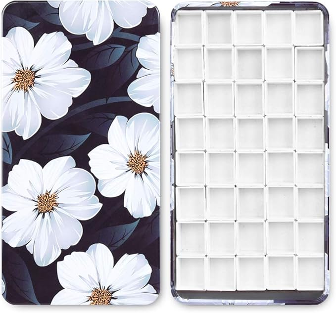 40Pcs Empty Half Pans with Magnetic Stripe Watercolor Paint Travel Tin Palette Case, Artist Paints Kits for DIY Watercolor Oils or Acrylics Painting Art Drawing Gardenia Flower