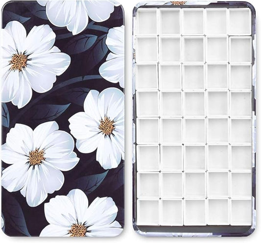 40Pcs Empty Half Pans with Magnetic Stripe Watercolor Paint Travel Tin Palette Case, Artist Paints Kits for DIY Watercolor Oils or Acrylics Painting Art Drawing Gardenia Flower