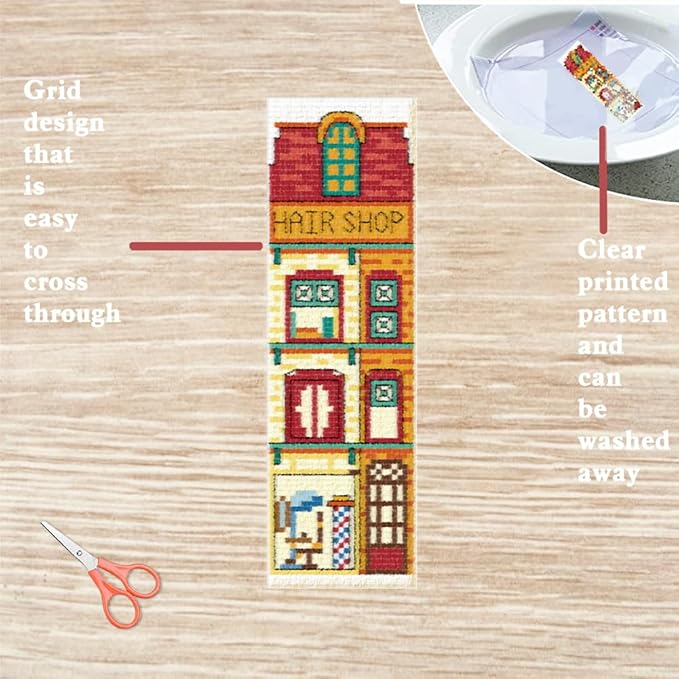 FREEBLOSS 6 Set Cross Stitch Bookmark Kit Stamped Cross Stitch Kit Street View Pattern Embroidery Set with Instruction for Adults 8''*2.4''