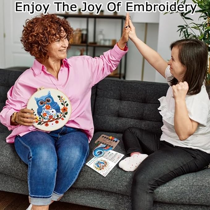 Louise Maelys Owl Embroidery Kits for Beginners, DIY Cross Stitch Starter Craft Kit for Adults Including Cloth with Pattern, Hoop, Needles Instruction and Threads