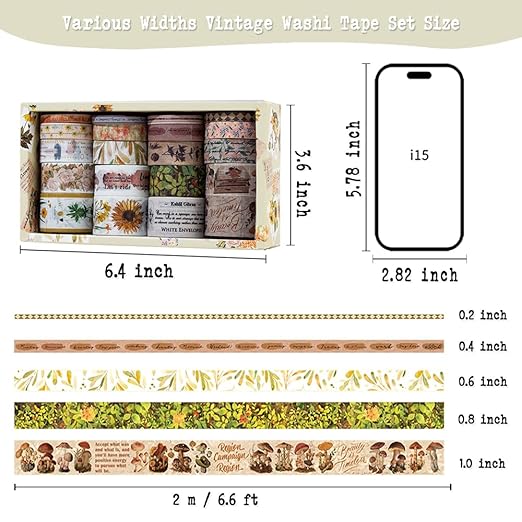 Vintage Washi Tape Set, 20 Rolls Forest Theme Washi Tape for Journaling, Decorative Tape for Junk Journal Supplies, Scrapbooking, Bullet Journaling