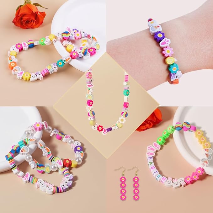 Easter Polymer Clay Bead for Bracelets, 300 Pieces Easter Beads Assorted Bunny Chick Egg Flower Shapes Beads Necklace Jewelry Making DIY Crafts
