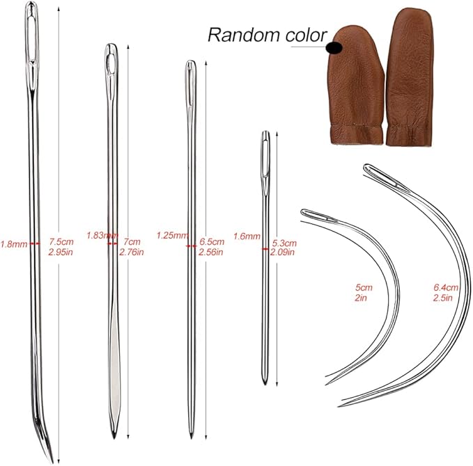 16 Pcs Heavy Duty Sewing Kit - Curved, Sack, Hand Needles, Finger Cots for Leather, Upholstery, Carpet & Canvas Repair